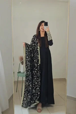 Elegant Black Anarkali Set with Printed Dupatta – A Timeless Statement of Style