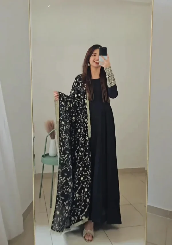 Elegant Black Anarkali Set with Printed Dupatta – A Timeless Statement of Style