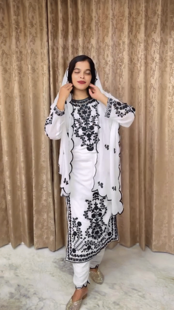 Designer Chikankari Chain Embroidery Hand Work White Top Dupatta with Pant A Timeless Symphony of Elegance & Craftsmanship