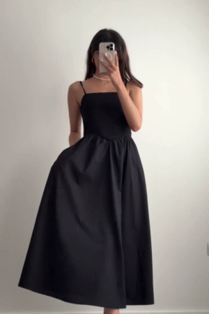 Women’s Shoulder Straps Solid Sleeveless A-Line Midi Dress