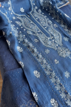 Organza Chikankari Appliqué Kurta Set – Prussian Blue Elegance