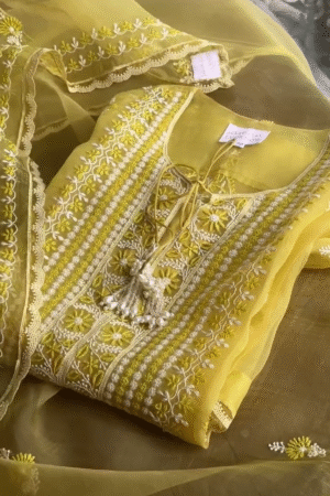 Heavy Tabby Organza Thread Work Yellow Kurti and Plazo Set – Sunshine with Sophistication