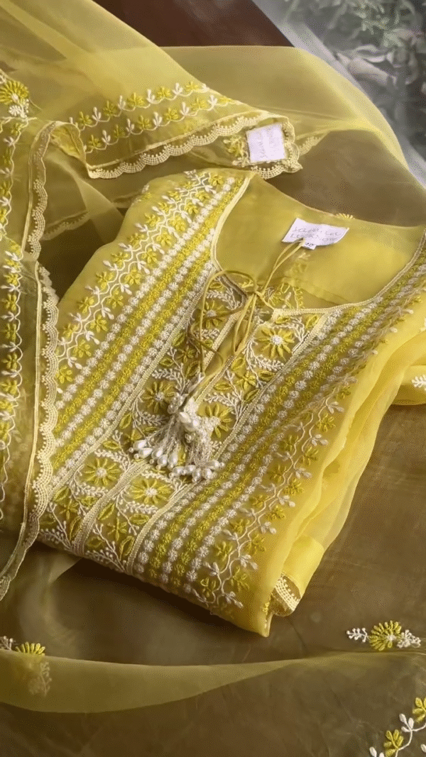Heavy Tabby Organza Thread Work Yellow Kurti and Plazo Set – Sunshine with Sophistication